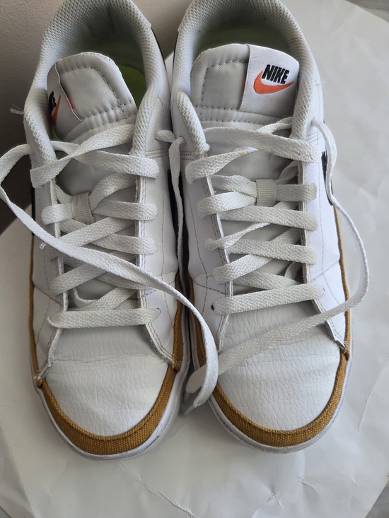Nike Shoes - Nike White Court Legacy  Sneakers with Mustard Trim. W7.5